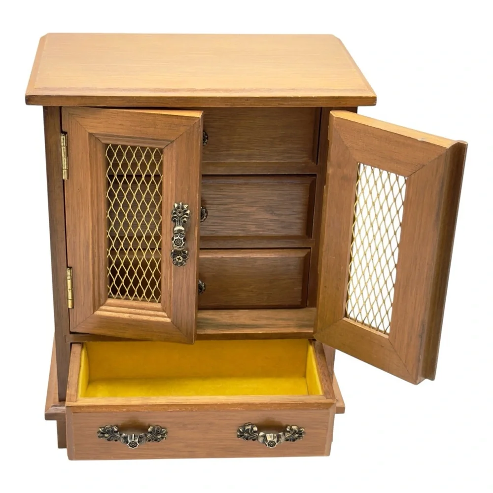 70s Wooden Music Jewelry Box Armoire Sankyo Japan WORKING Puff The Magic Dragon